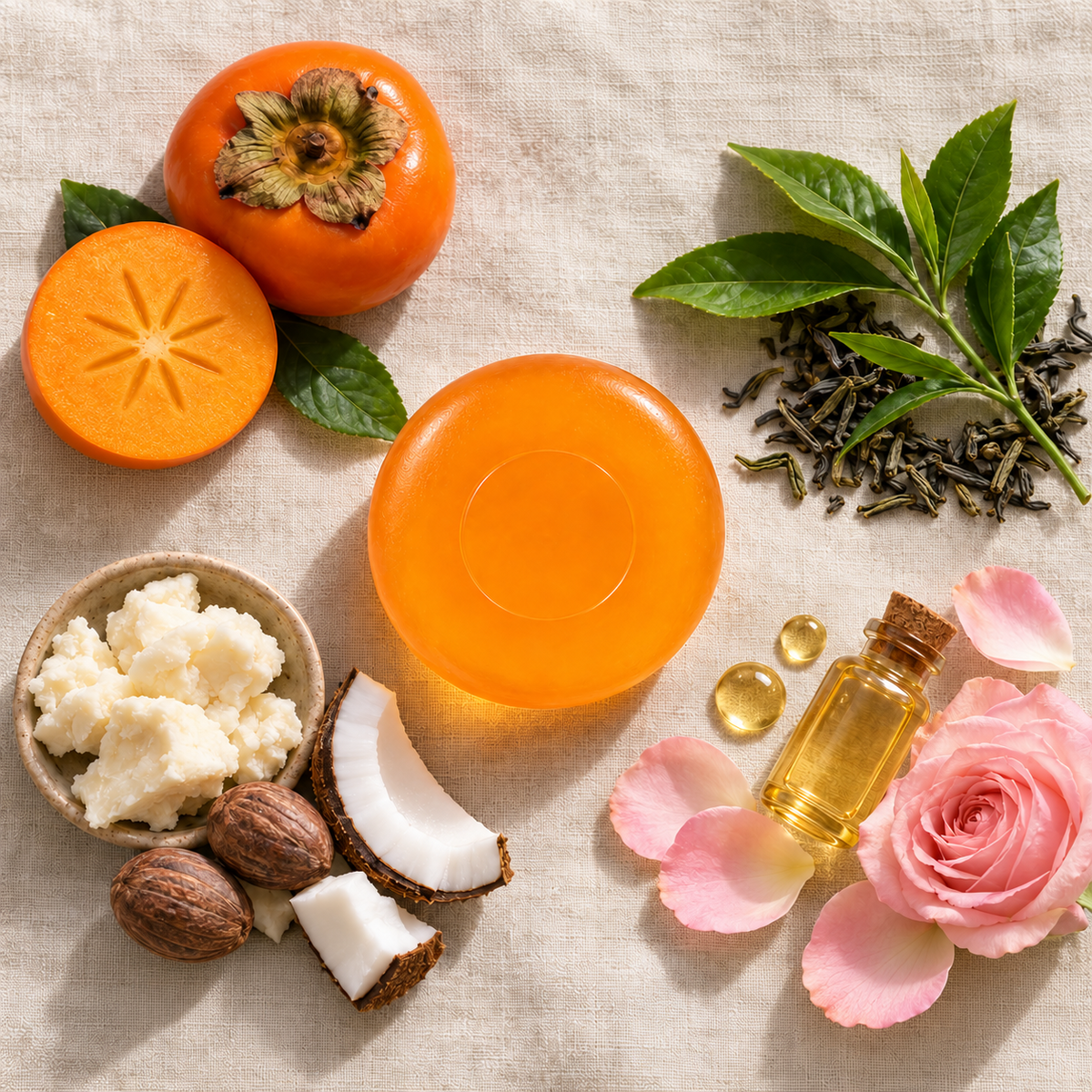 NonenDerma translucent persimmon soap surrounded by persimmon, green tea, shea, coconut, vitamin E and rose