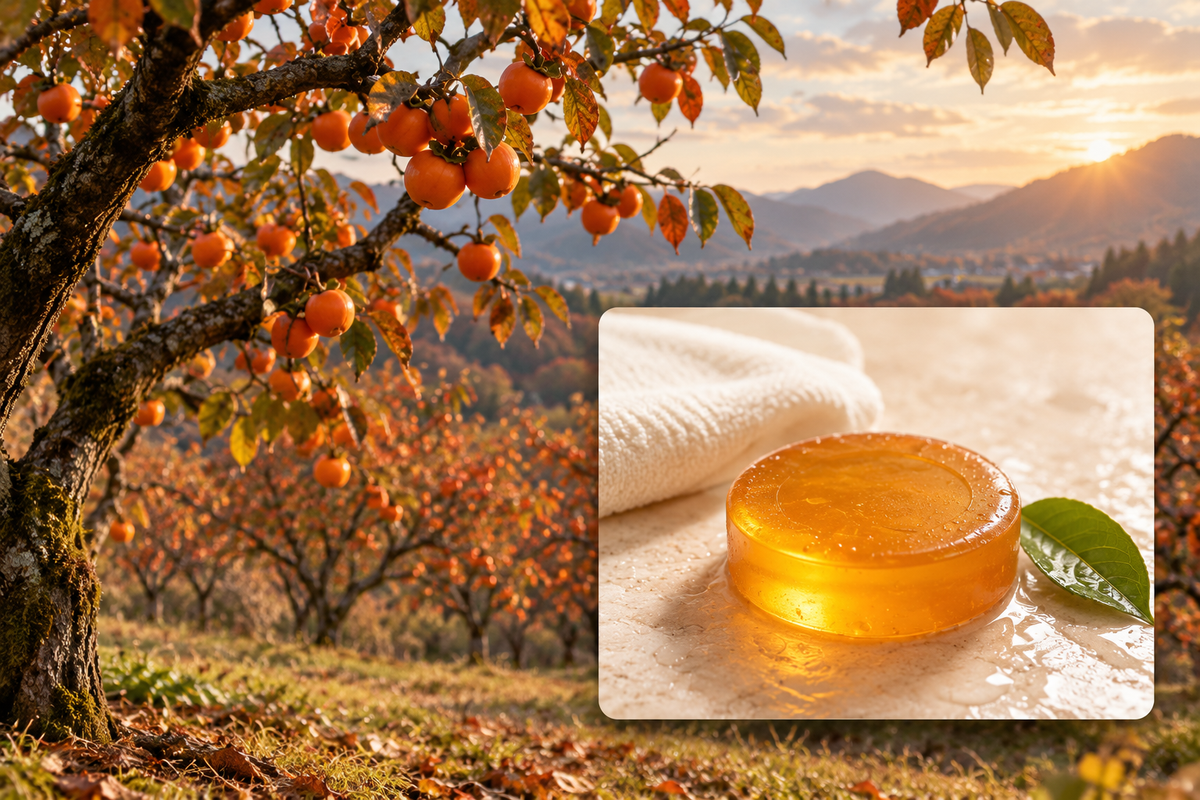 NonenDerma translucent persimmon soap in a Japanese persimmon orchard