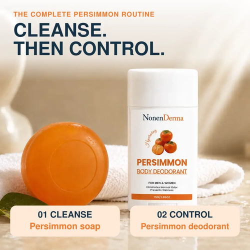Two-step persimmon soap and deodorant routine for aging odor